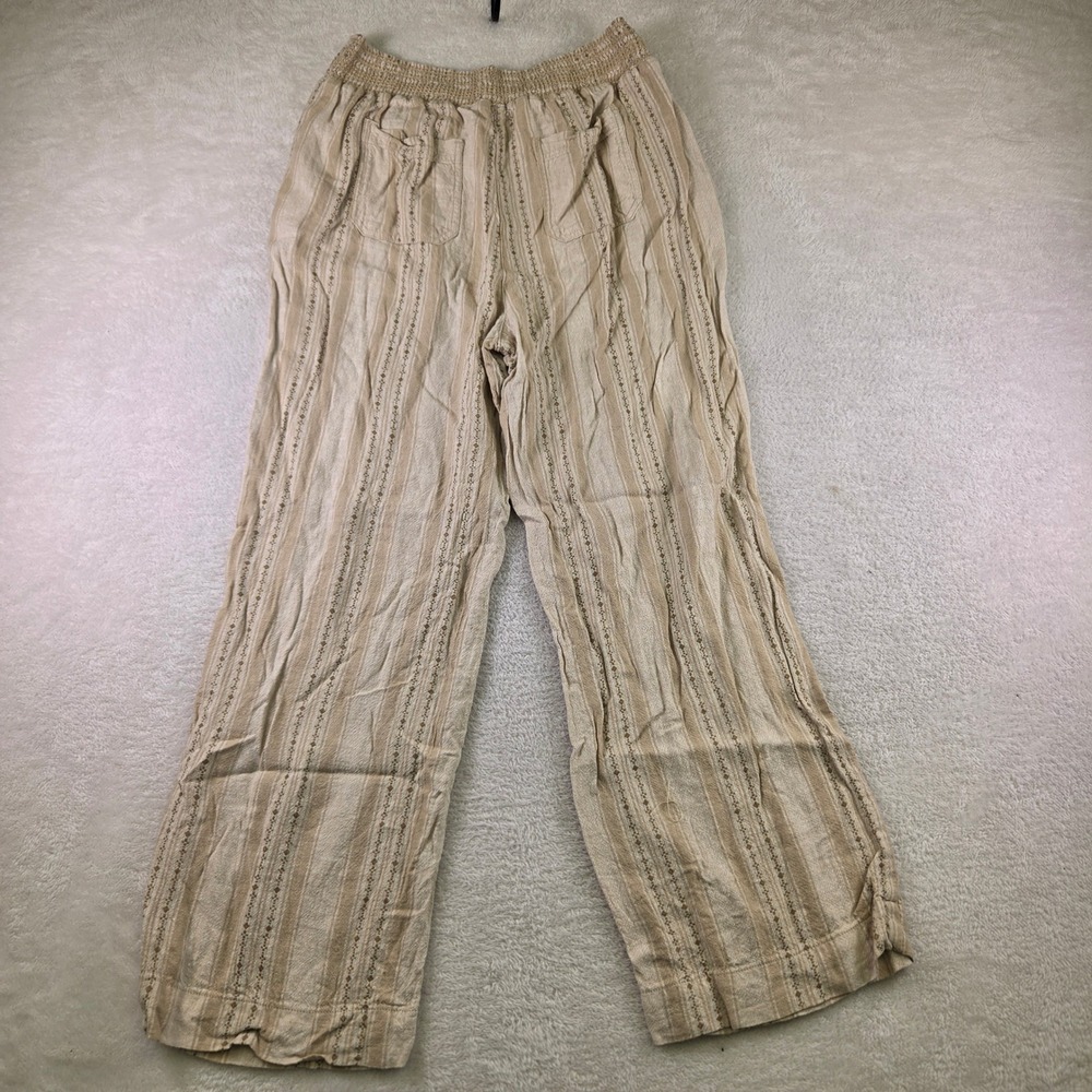 Briggs Womens Large Tan Striped Embroidered Linen Blend Wide Leg Pull On Pants